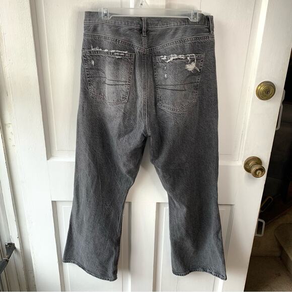 American Eagle 90’s Flare Jeans Dark Grey Distressed Ripped Retro, Size 10 - Picture 2 of 7